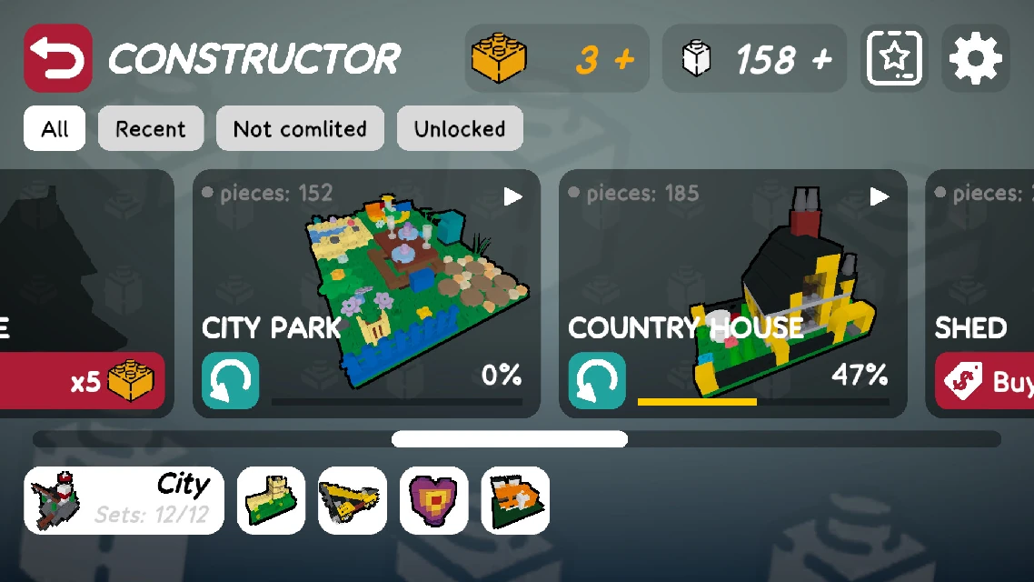 Displays example of sets in 'City' category in 'Constructor' windows